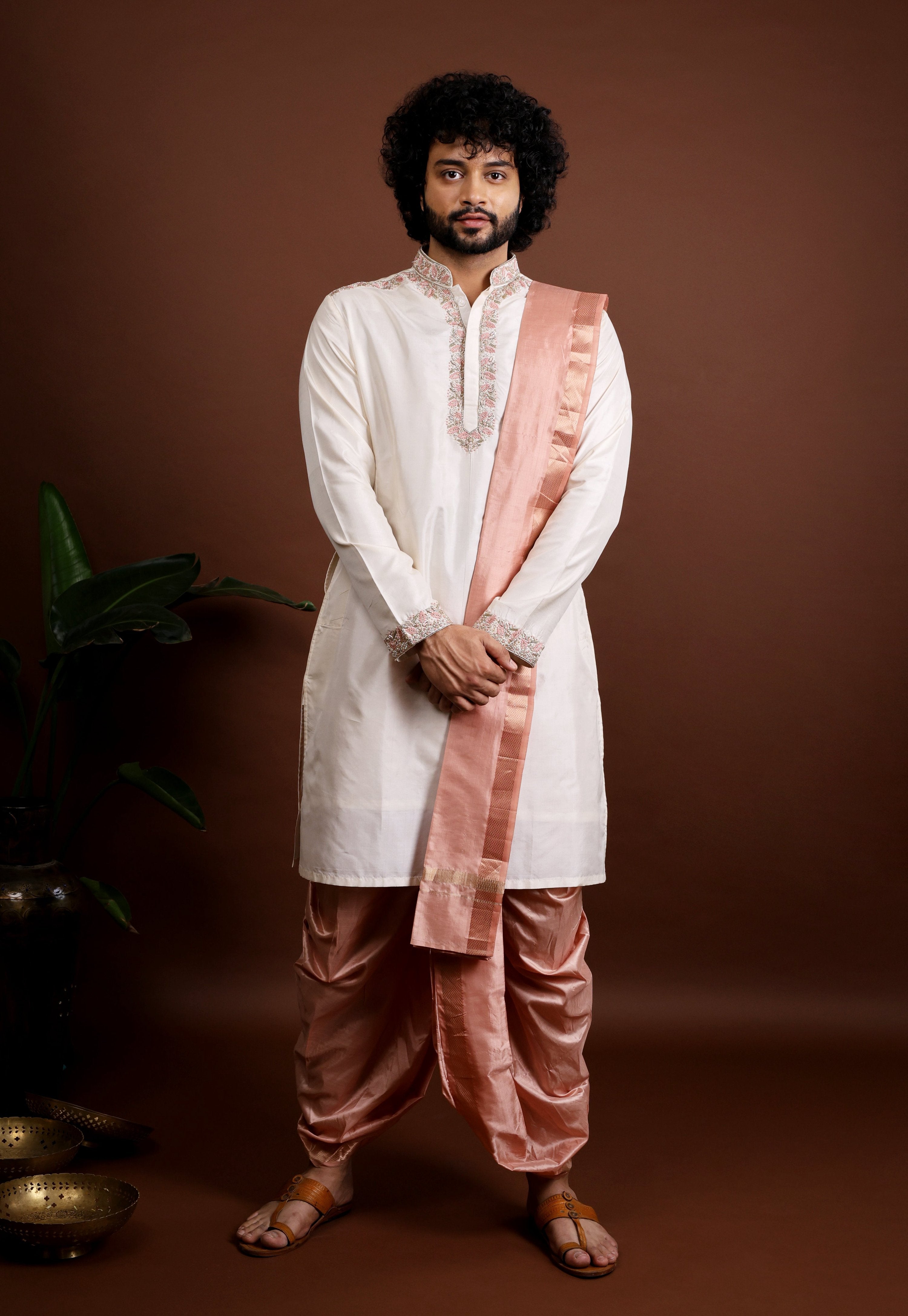 Kanjivaram Pattu Embroidered Kurta Set by Hilo Design