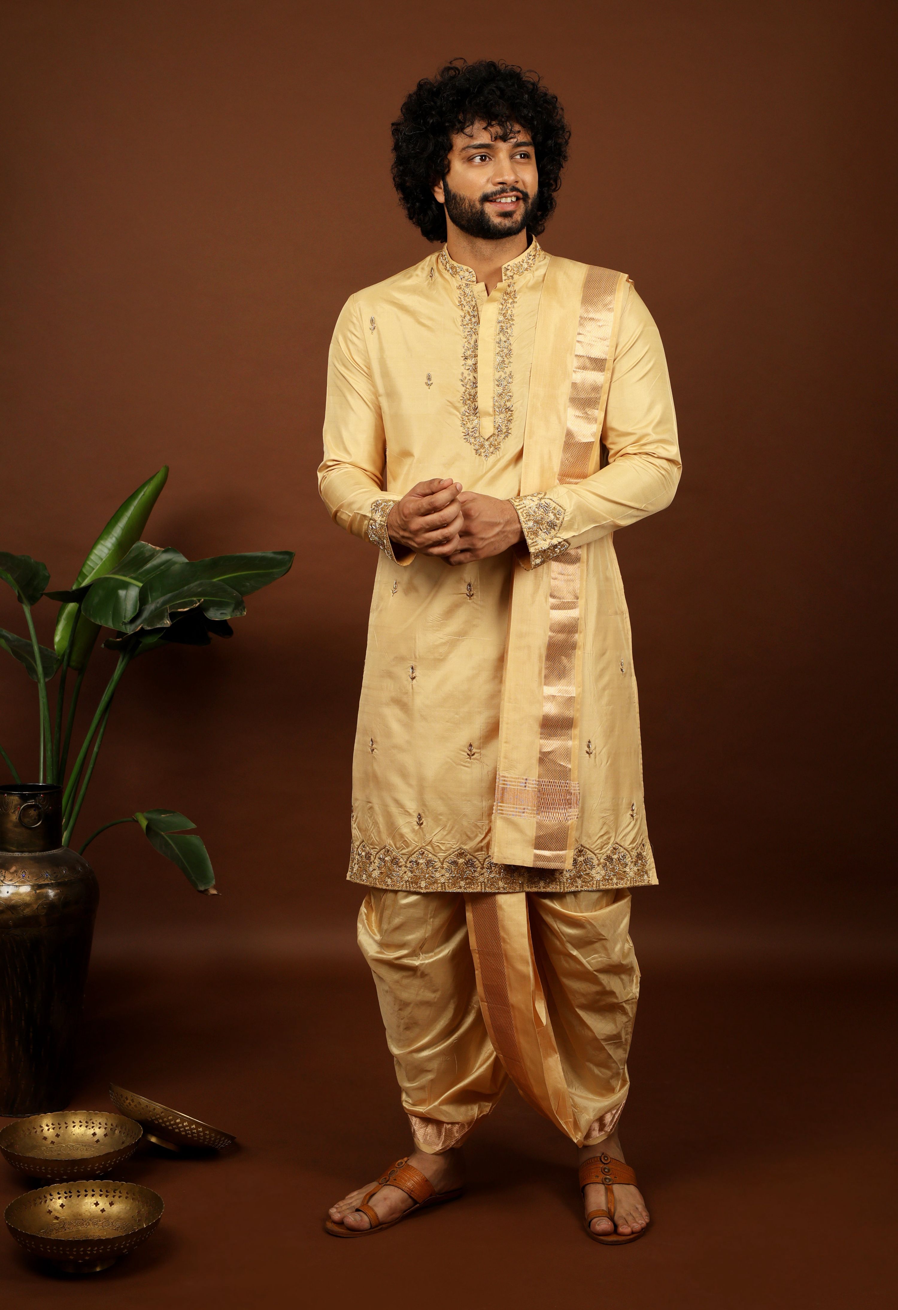 Kanjivaram Rose Gold Hand Emboirdered Pattu Kurta Set by Hilo Design
