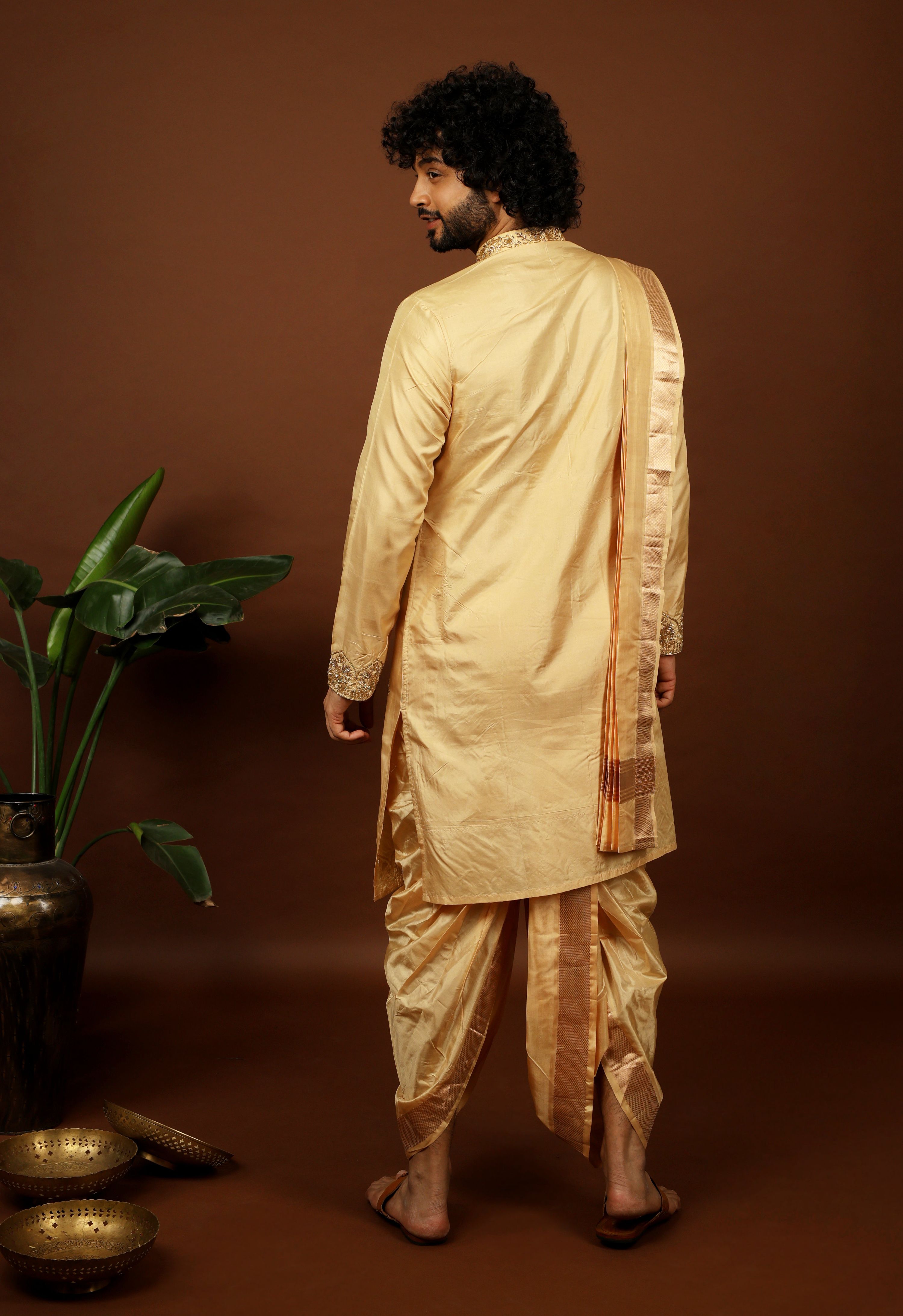 Kanjivaram Rose Gold Hand Emboirdered Pattu Kurta Set by Hilo Design