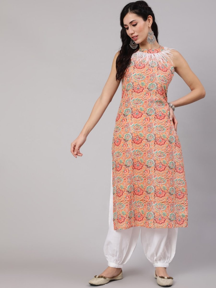 Aks Ethnic Motifs Printed Halter Neck Cotton Kurta