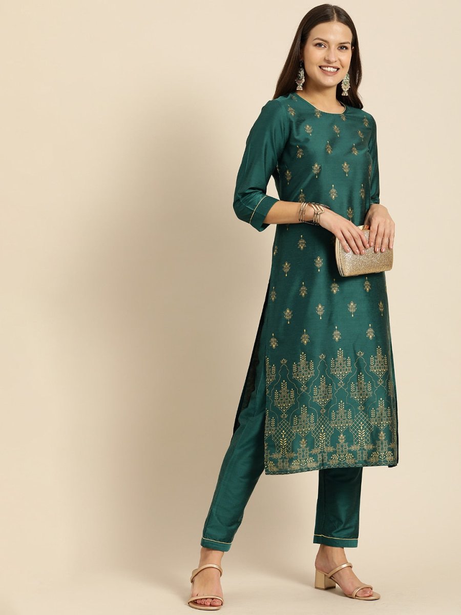 All About You Women Teal Green Ethnic Motifs Kurta with Trousers