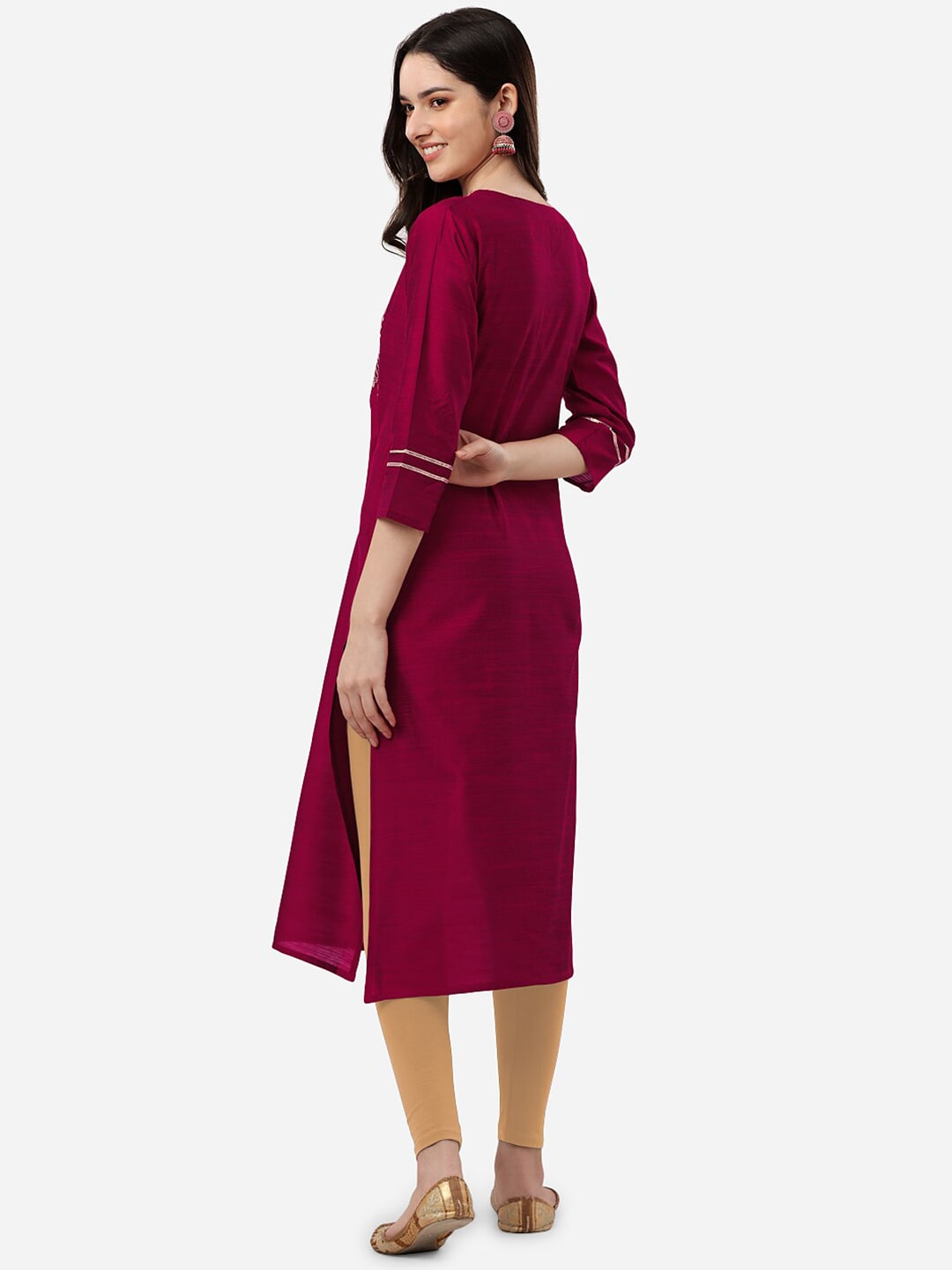 HERE&NOW Women Magenta & Golden Floral Embroidered Kurta