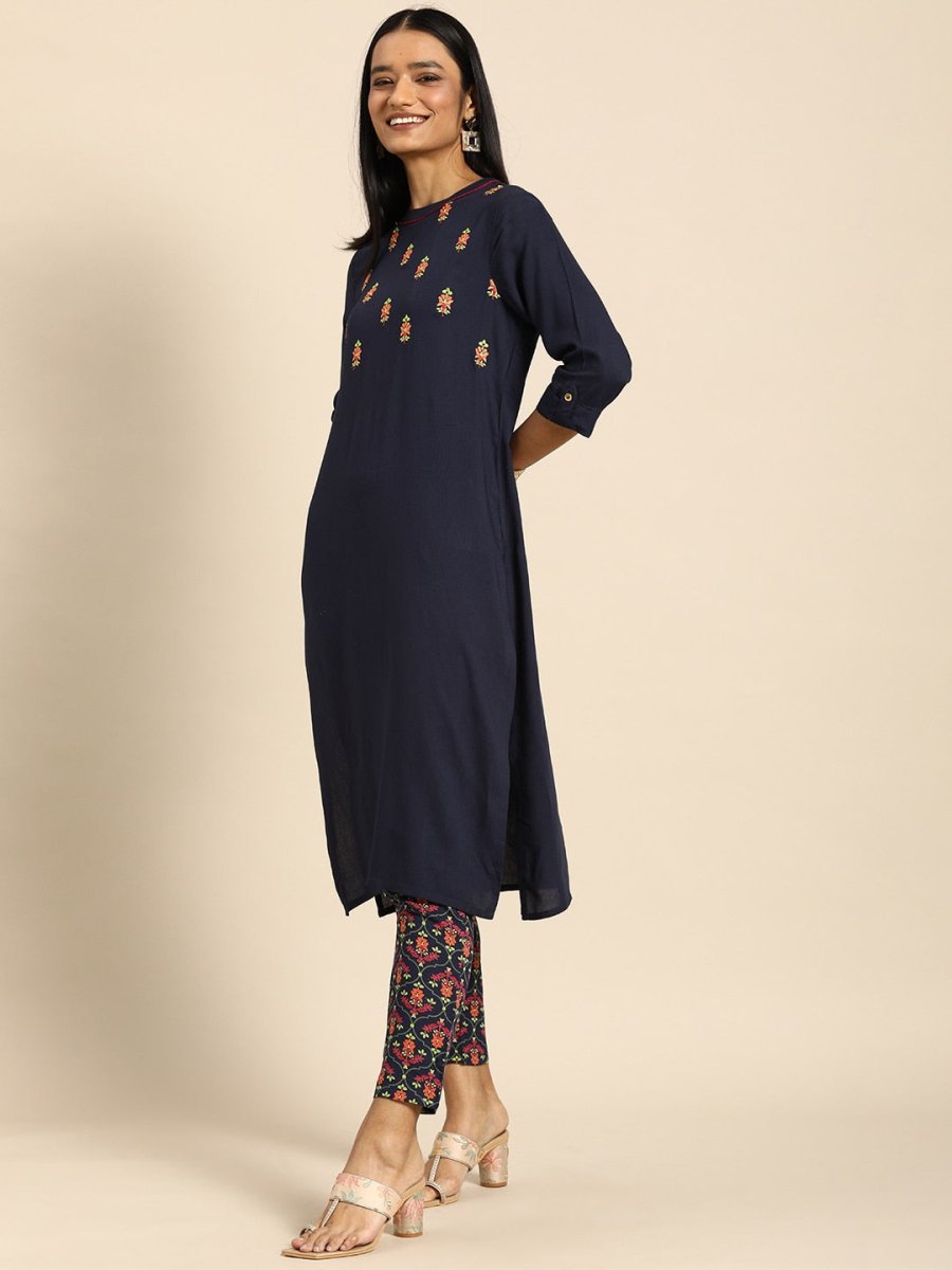 All About You Women Navy Blue Floral Embroidered Regular Thread Work Kurta with Trousers