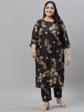 Sztori Plus Size Black Floral Printed Round Neck Straight Kurta with Trousers