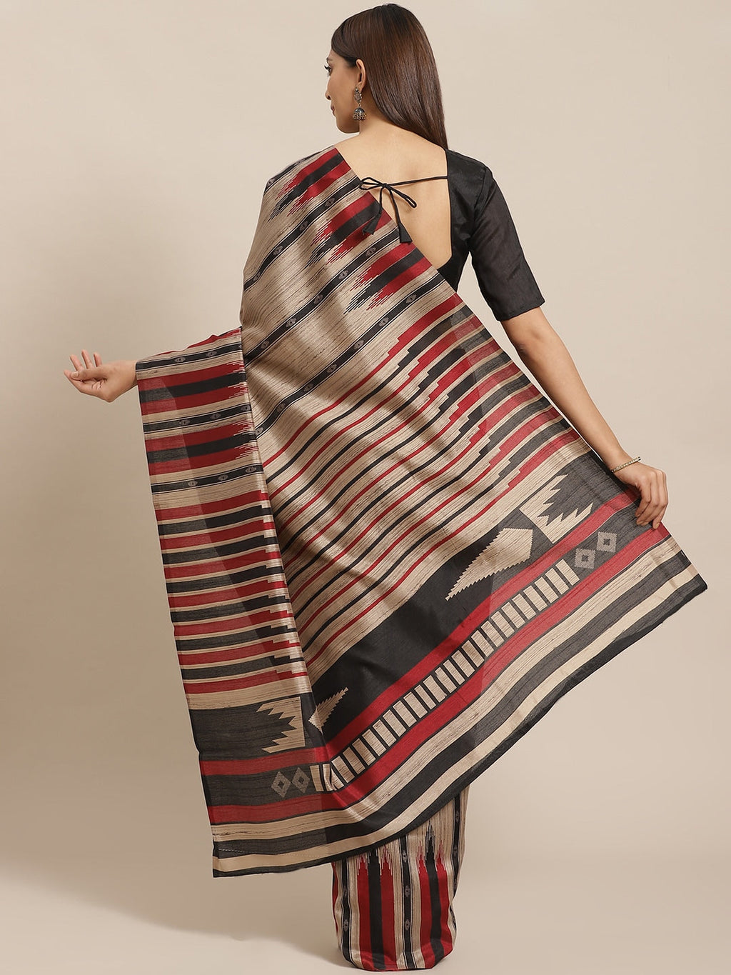 Saree Mall Beige & Black Striped Bhagalpuri Saree