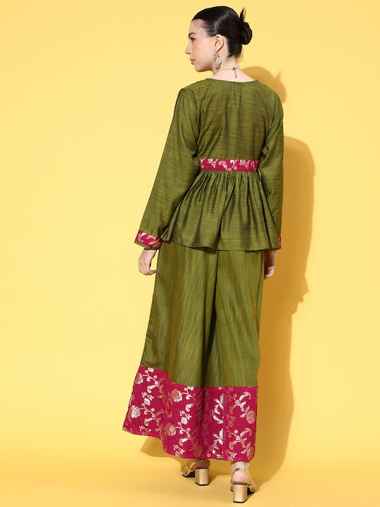 InWeave Women's Olive Pink Brocade Mughal Shaan Kurta Palazzo Set