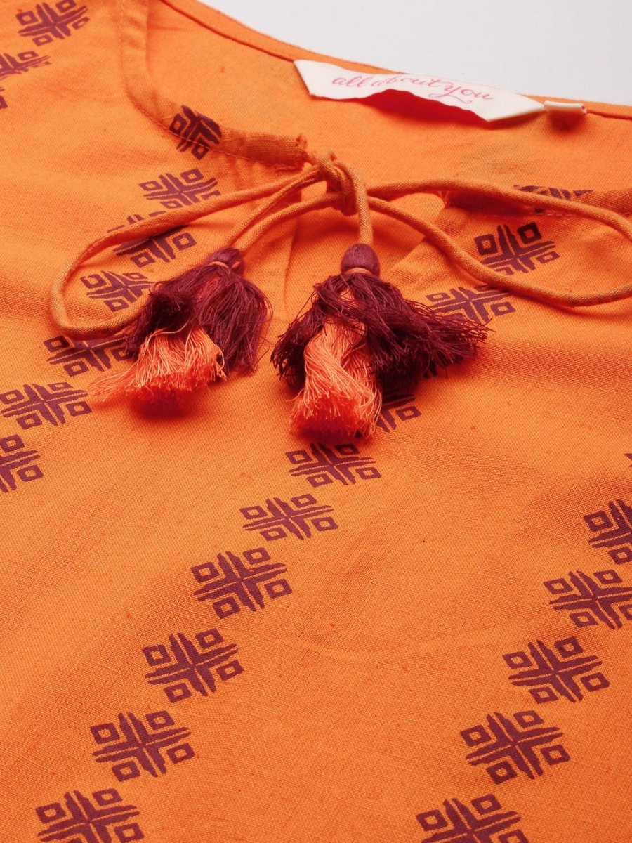 All About You Women Orange Printed Kurta with Maroon Solid Trousers