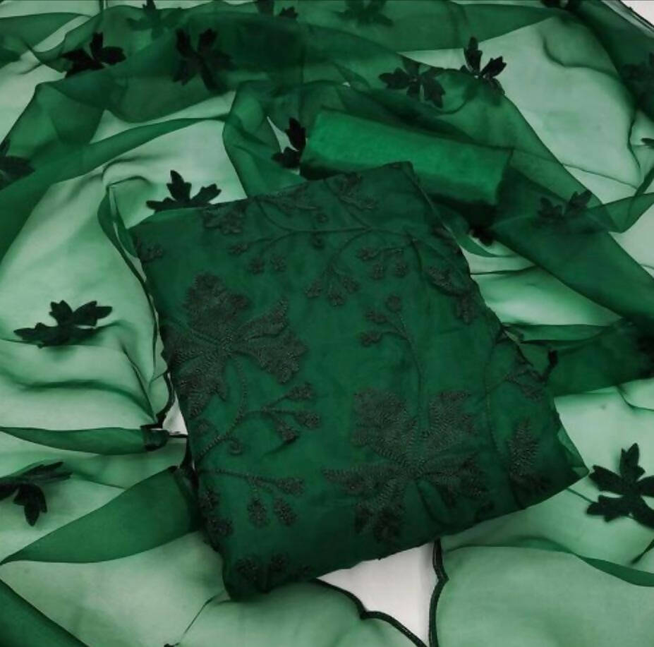 Dark Green Heavy Organza Silk Embroidered Unstitched Dress Material - Amara