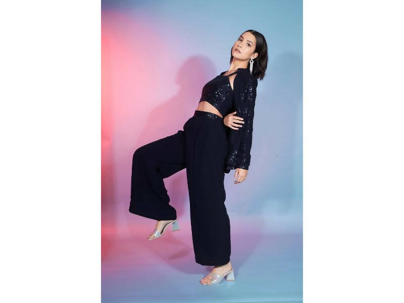 Navy Georgette Sequence With Thread Designer Co-Ord Set - Flory