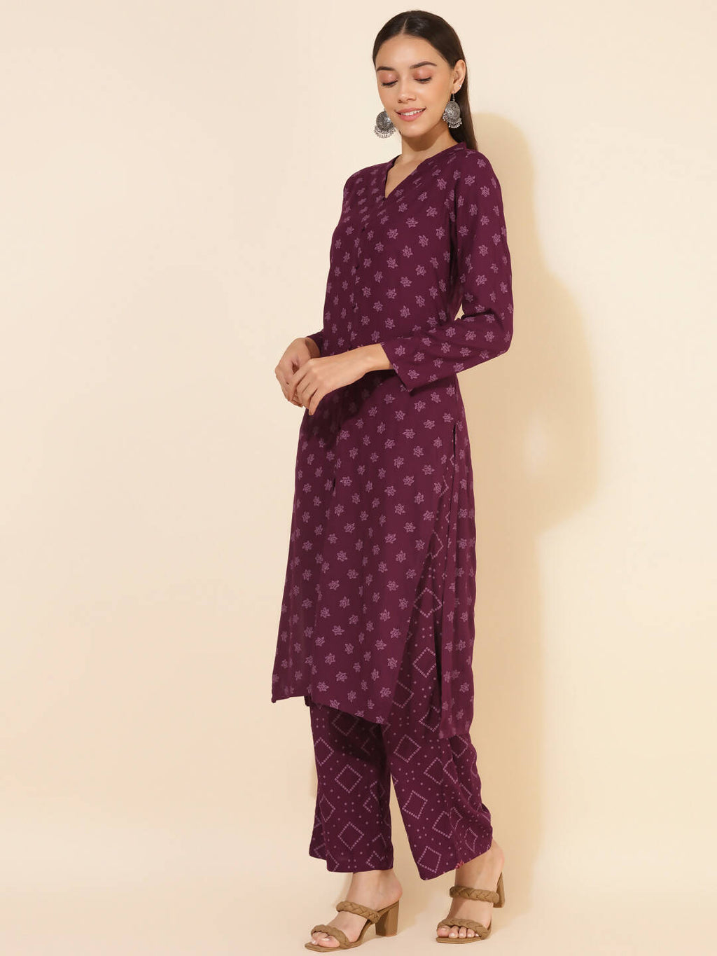 Janasya Women's Wine Rayon Floral Printed Casual Straight Co-ords