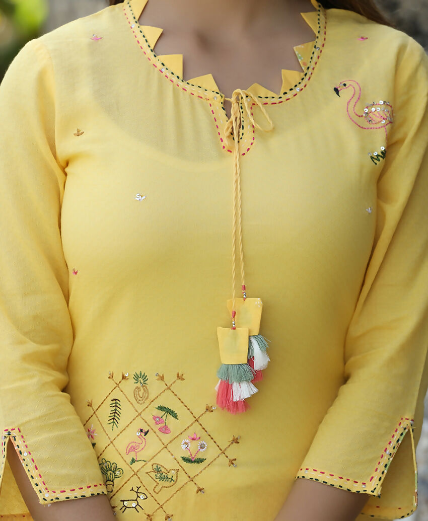 Kaajh Women's Yellow Embroidery Kurta Sharara Set