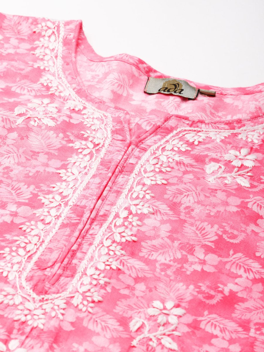 ADA Women Pink & White Floral Chikankari Cotton Handloom Kurta