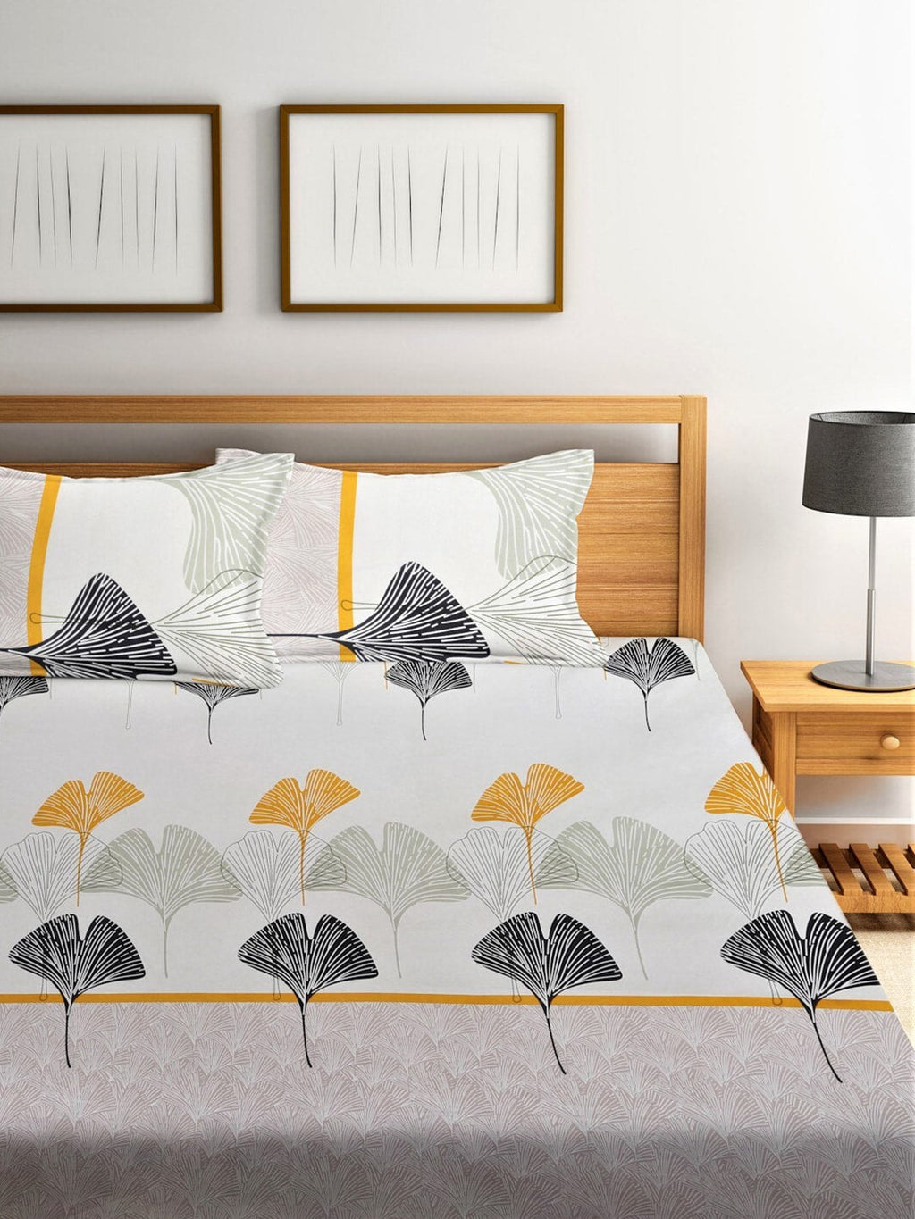 Home Sizzler Grey & Yellow Floral 210 TC Queen Bedsheet with 2 Pillow Covers