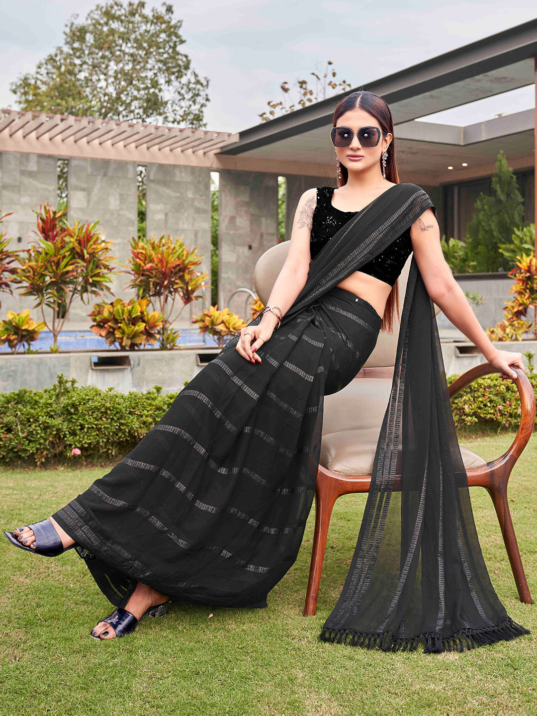 Tikhi Imli Black Striped Sequinned Saree