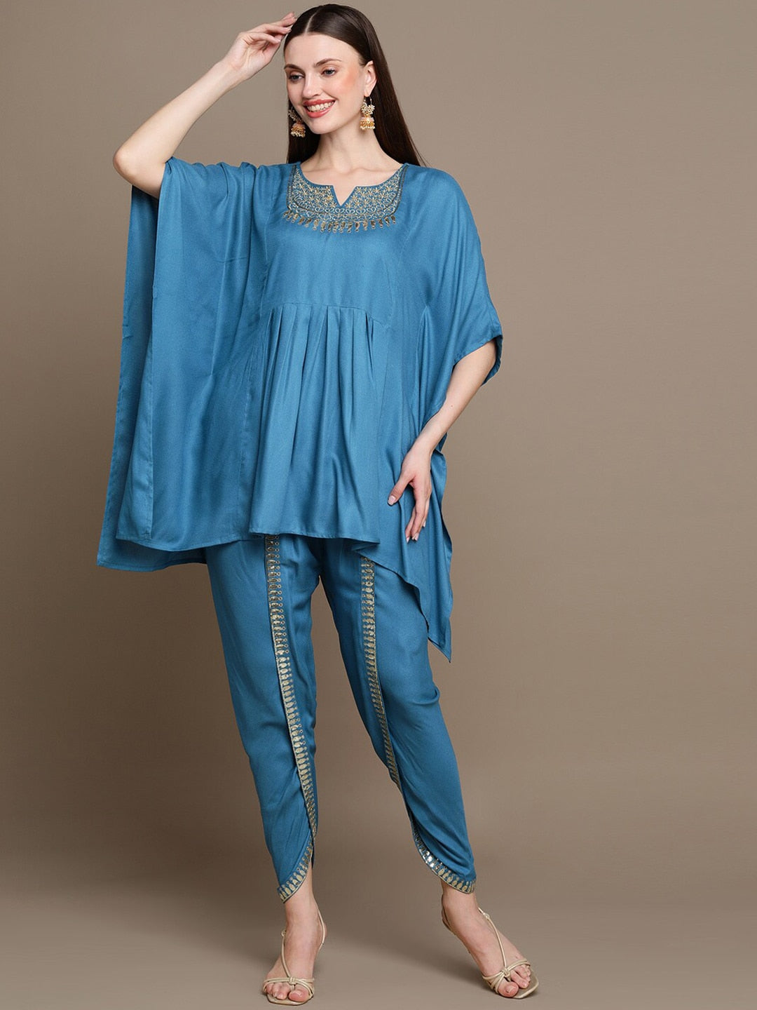 HERE&NOW Floral Embroidered Sequined Kaftan Kurti with Dhoti Pants