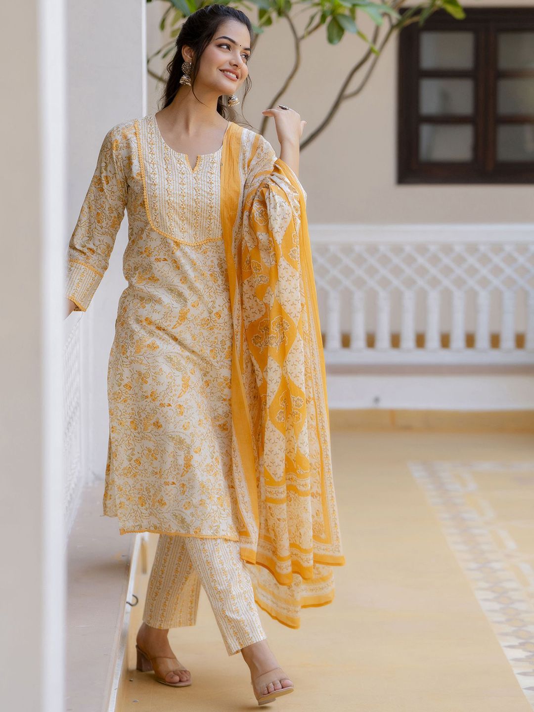 Anouk Women Floral Printed Regular Aari Work Pure Cotton Kurta with Palazzos & With Dupatta