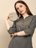 All About You Women Grey Ethnic Motifs Yoke Design Pure Cotton Kurta