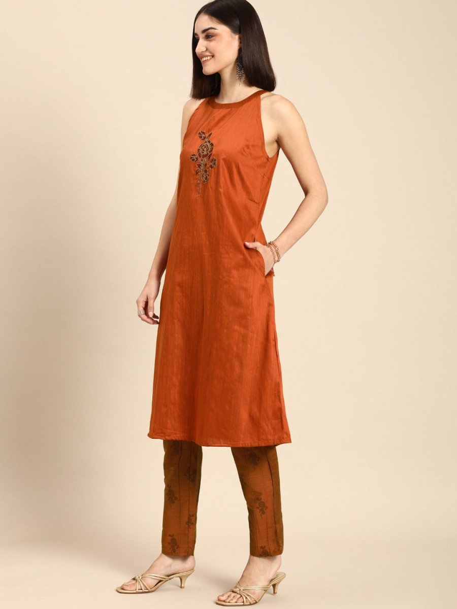All About You Women Orange Floral Print Embroidered Regular Kurta with Trousers