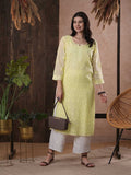 ADA Women Yellow & White Hand Embroidered Chikankari Sustainable Kota Handloom Kurta With Matching Slip