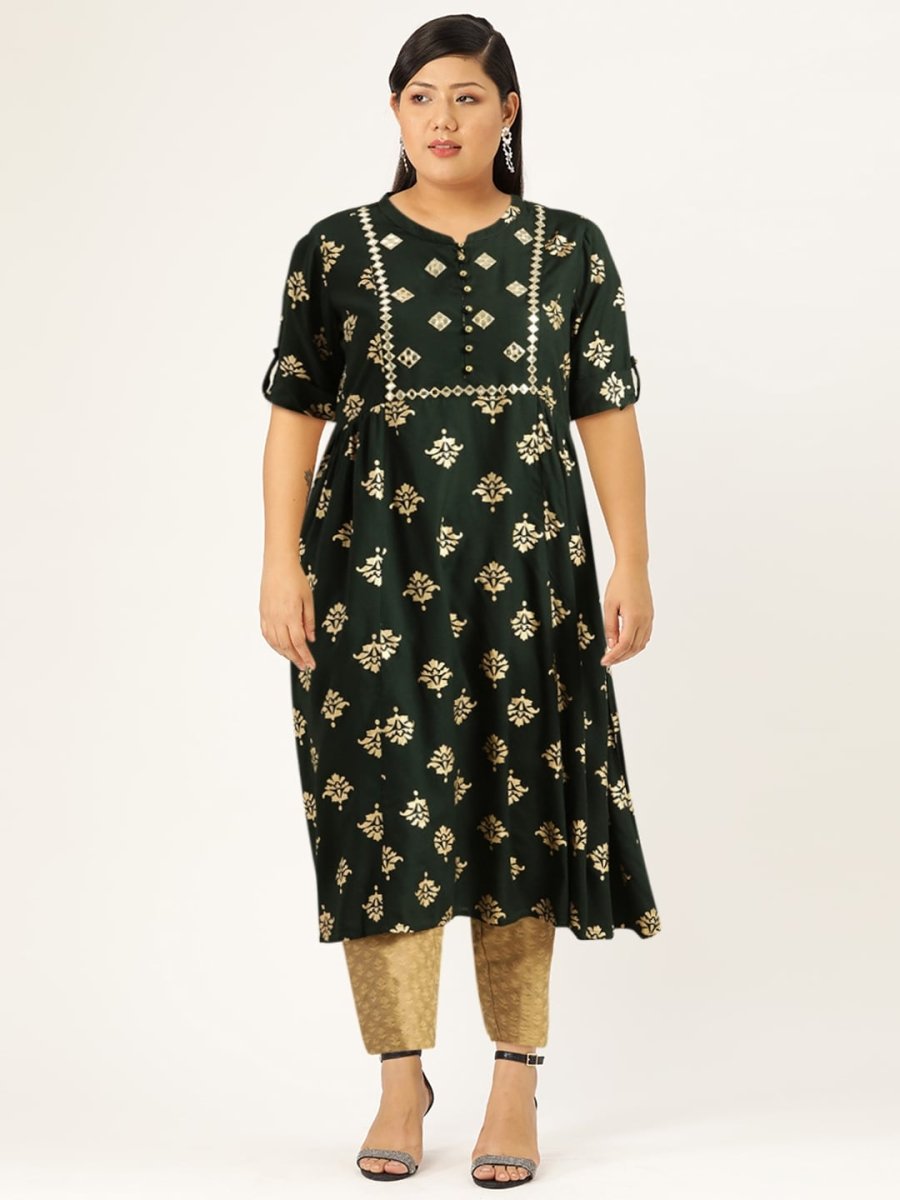 All About You Women Teal Green & Gold-Toned Ethnic Motifs Printed Mirror Work Kurta