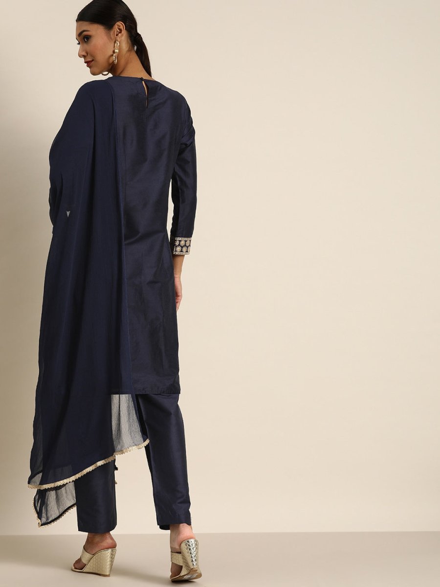 All About You Women Navy Blue & Golden Satin Finish Kurta with Trousers & With Dupatta