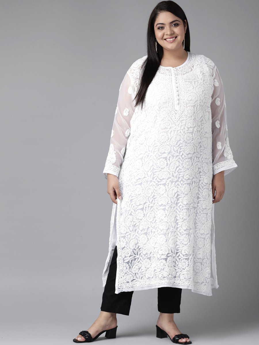 ADA Women Plus Size White Chikankari Embroidered Handloom Kurta with Inner
