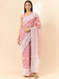 Pink Organza Geometric Embroidered Saree with Unstitched Blouse Piece - Roozal