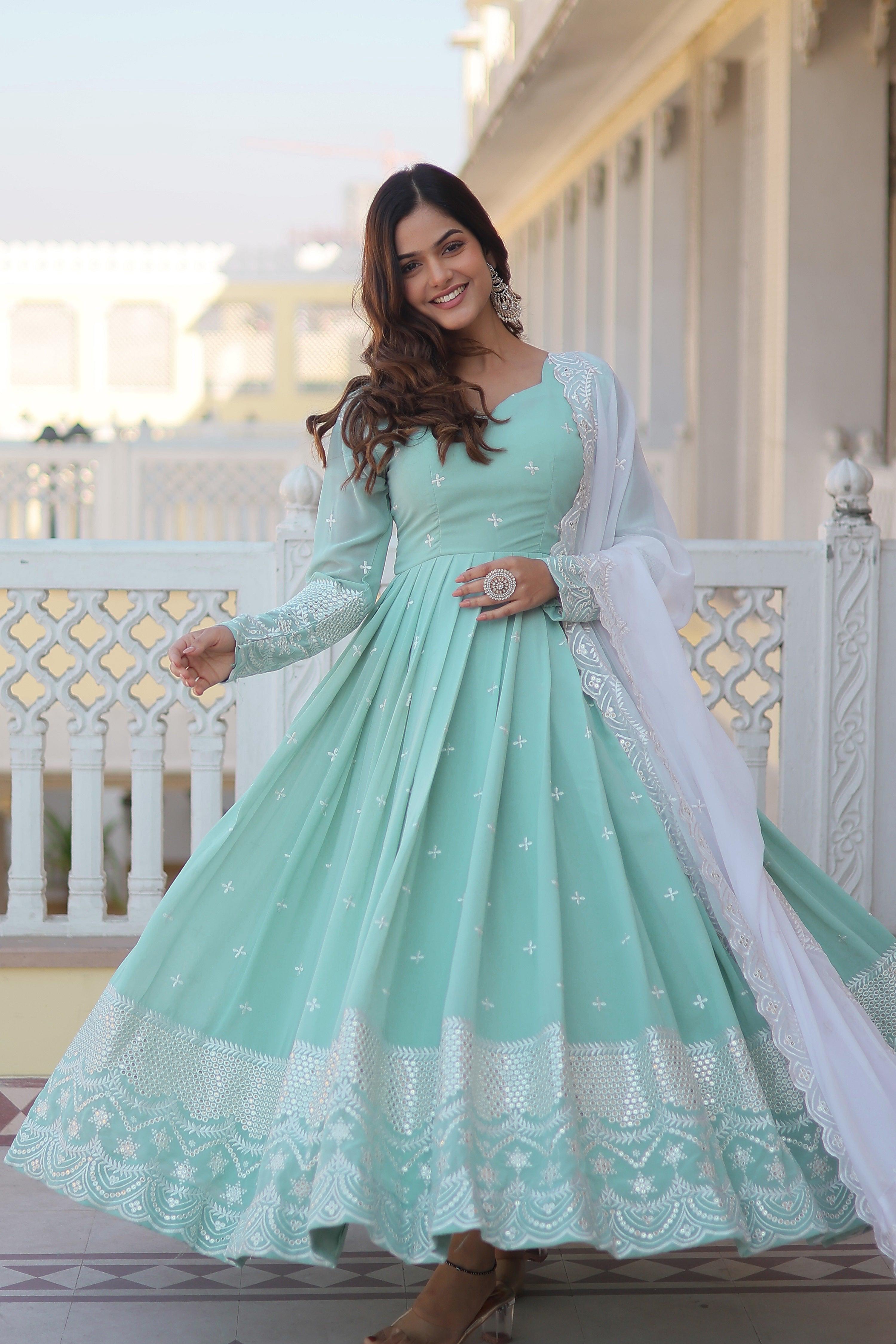 Yash Enterprise Green Pista Faux Georgette Party Wear Embroidery Suit Set