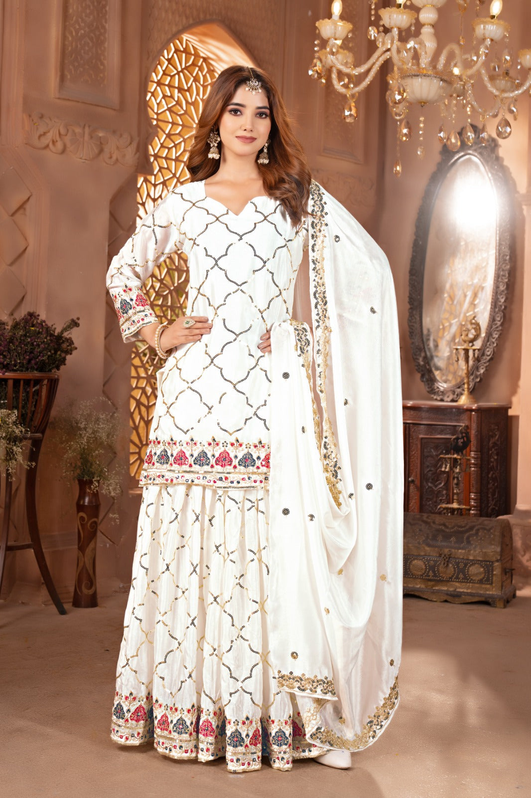 Yash Enterprise White Chinon Silk Embroidery Party Wear Suit Set