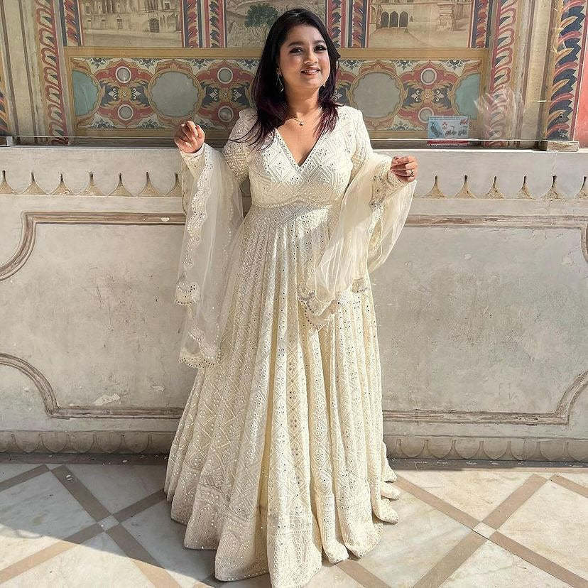 Yash Enterprise Off White Luckhnowi Sequins Work Party Wear Suit Set