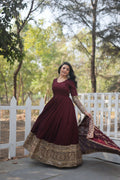 Yash Enterprise Dark Maroon Vichitra Shimmer With Rich Sequins Embroidered Work Party Wear Suit Set Stitched