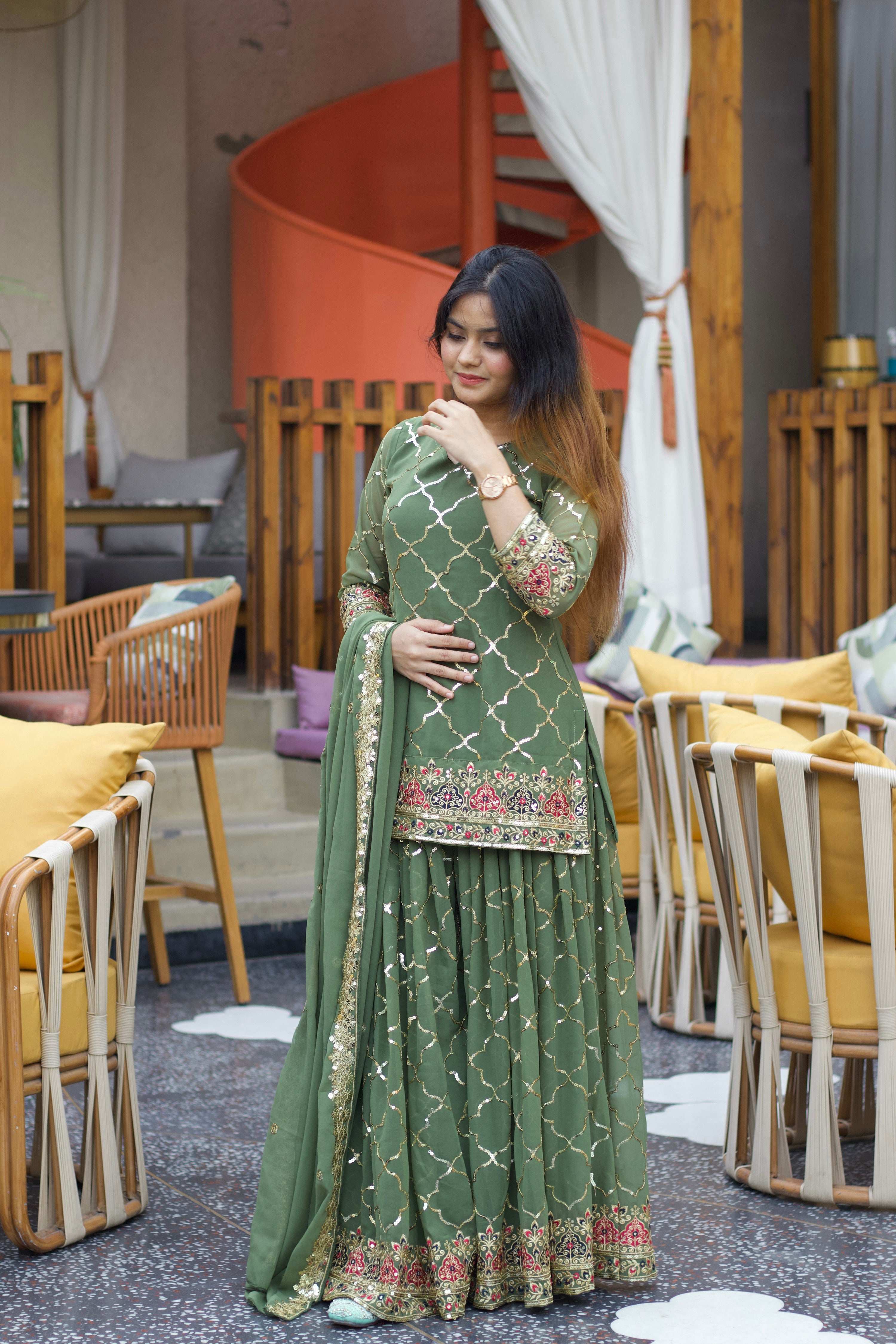 Yash Enterprise Green Georgette Embroidery Party Wear Suit Set