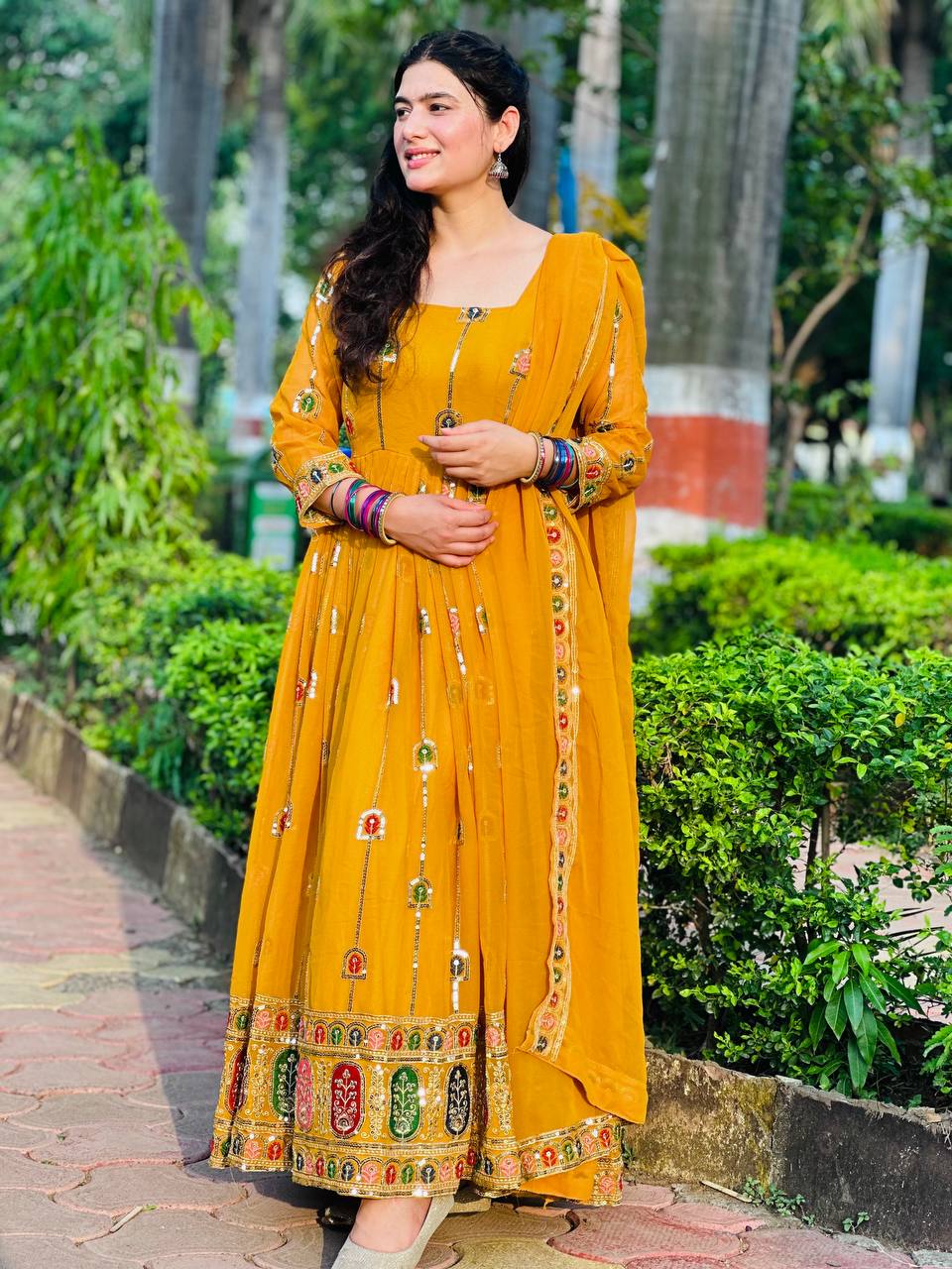 Yash Enterprise Yellow Faux Georgette Embroidery Party Wear Suit Set