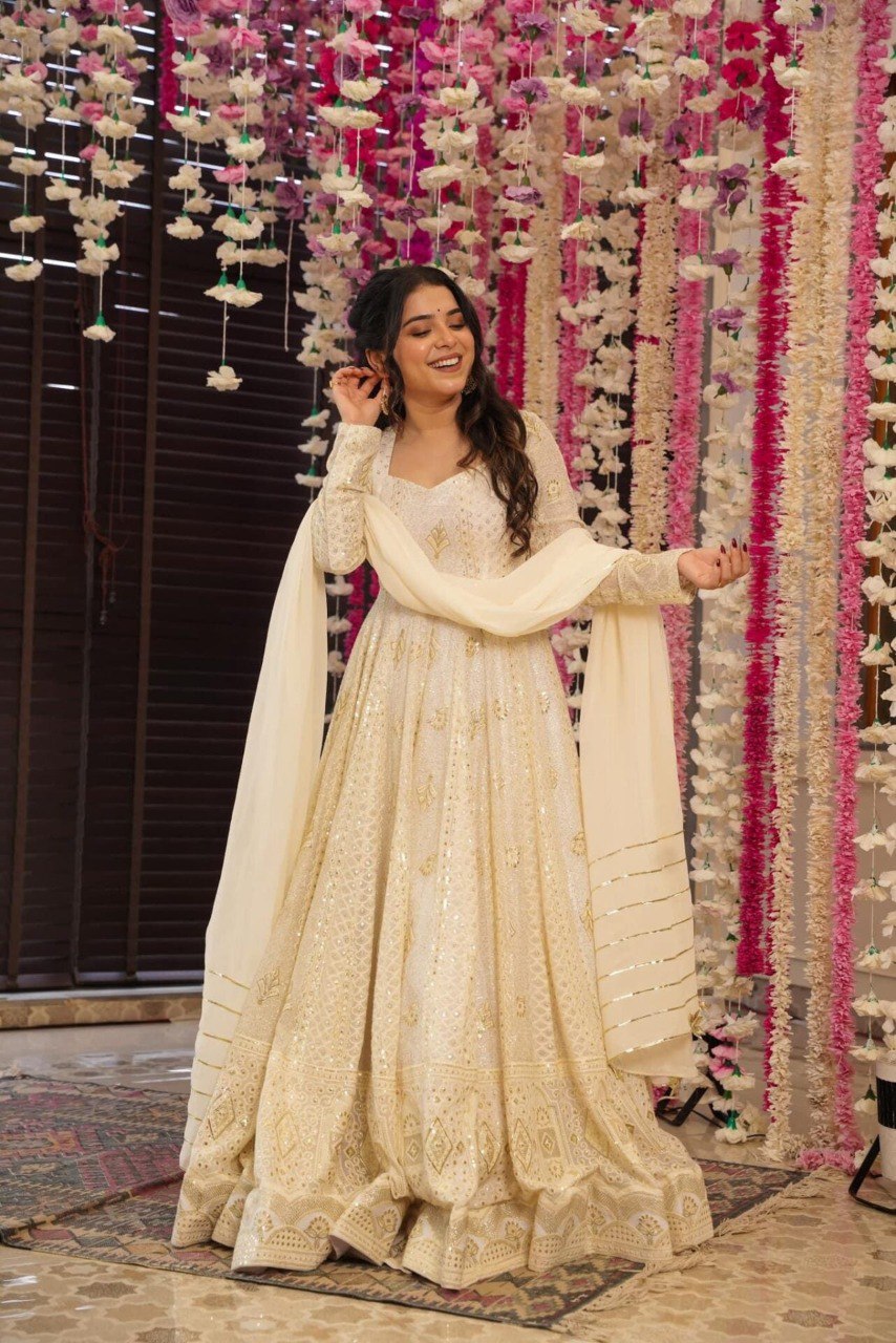 Yash Enterprise Cream Georgette Embroidery Paert Wear Suit Set