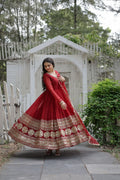 Yash Enterprise Maroon Sequin Embroidered Faux Blooming Gown With Dupatta