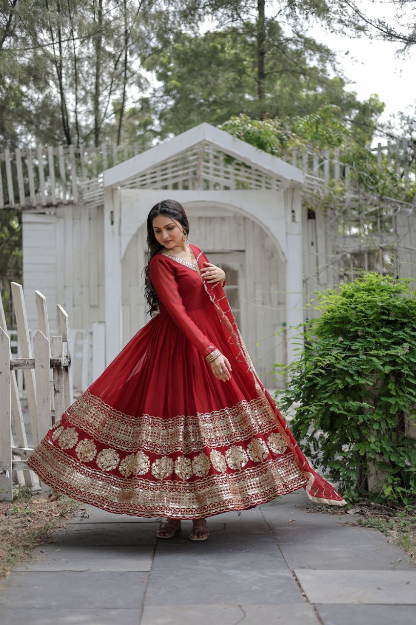 Yash Enterprise Maroon Sequin Embroidered Faux Blooming Gown With Dupatta