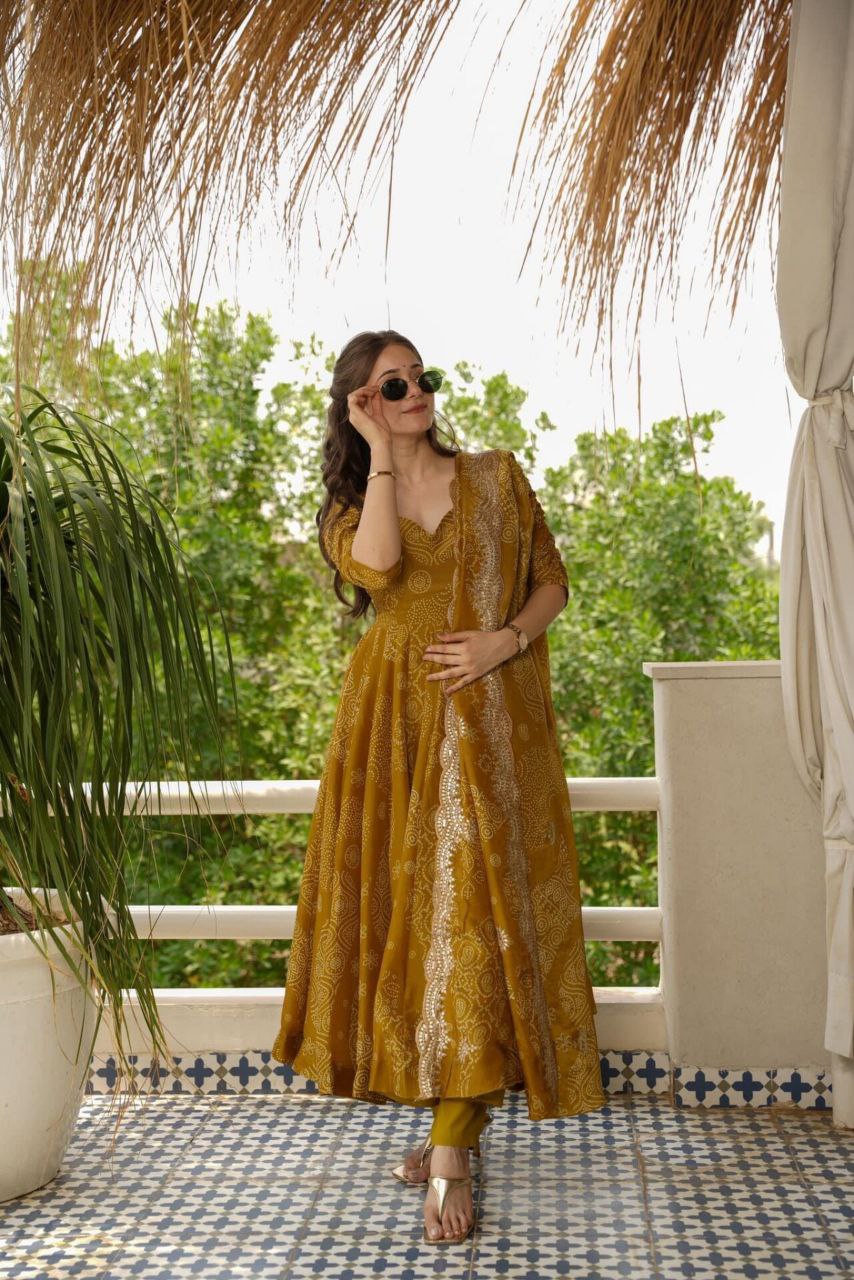 Yash Enterprise Mahendi Maslin Fabric Digital Print Work Party Wear Suit Set