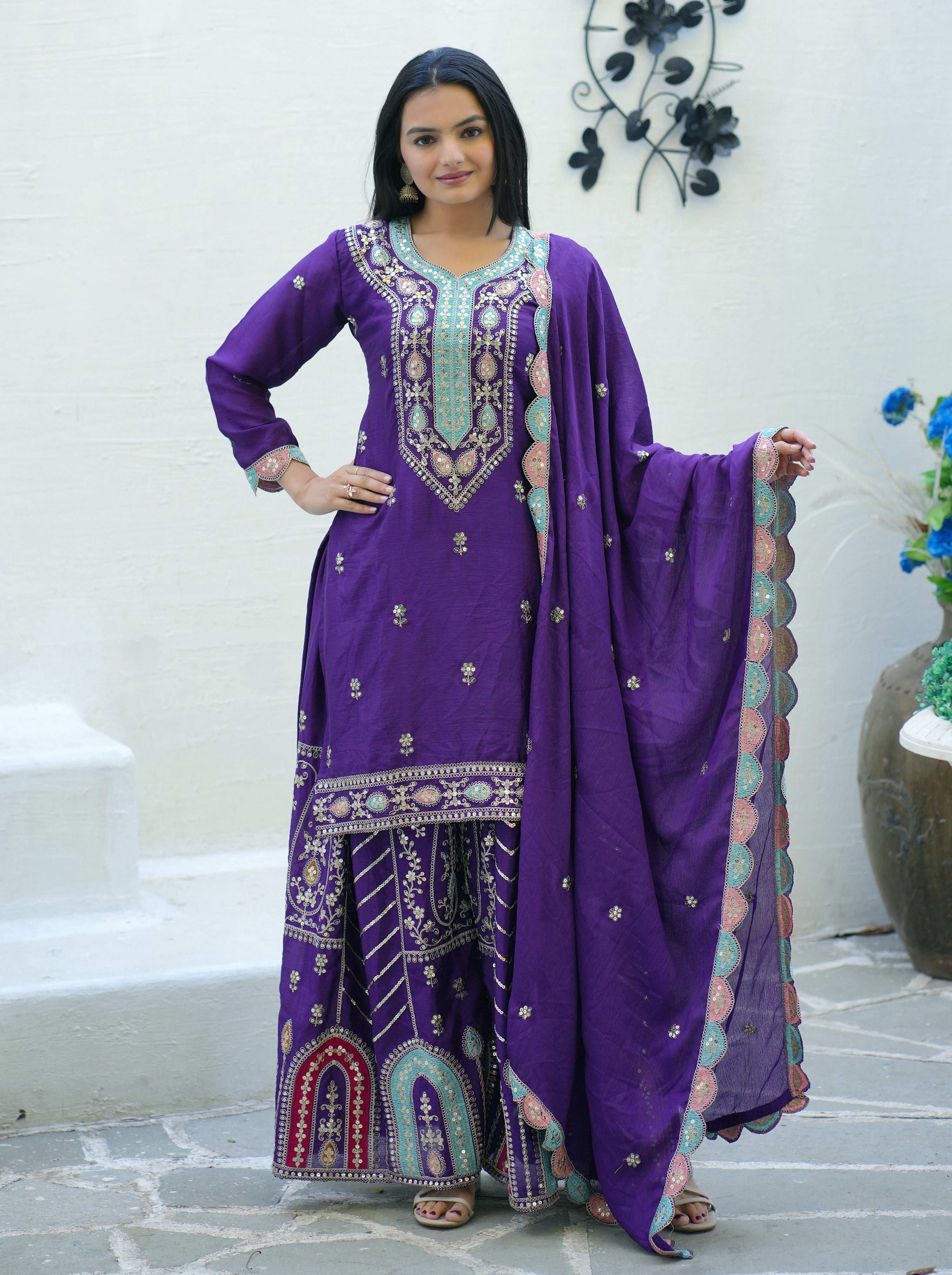 Yash Enterprise Embroidered Chinon With Sequence Blue Readymade Salwar Suit