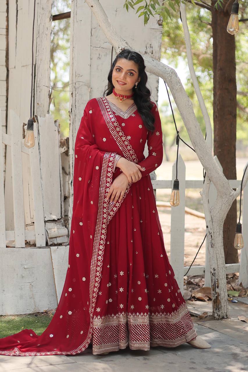 Yash Enterprise Maroon Faux Blooming With Sequins Embroidered Multi-Sequins Work Suit Set
