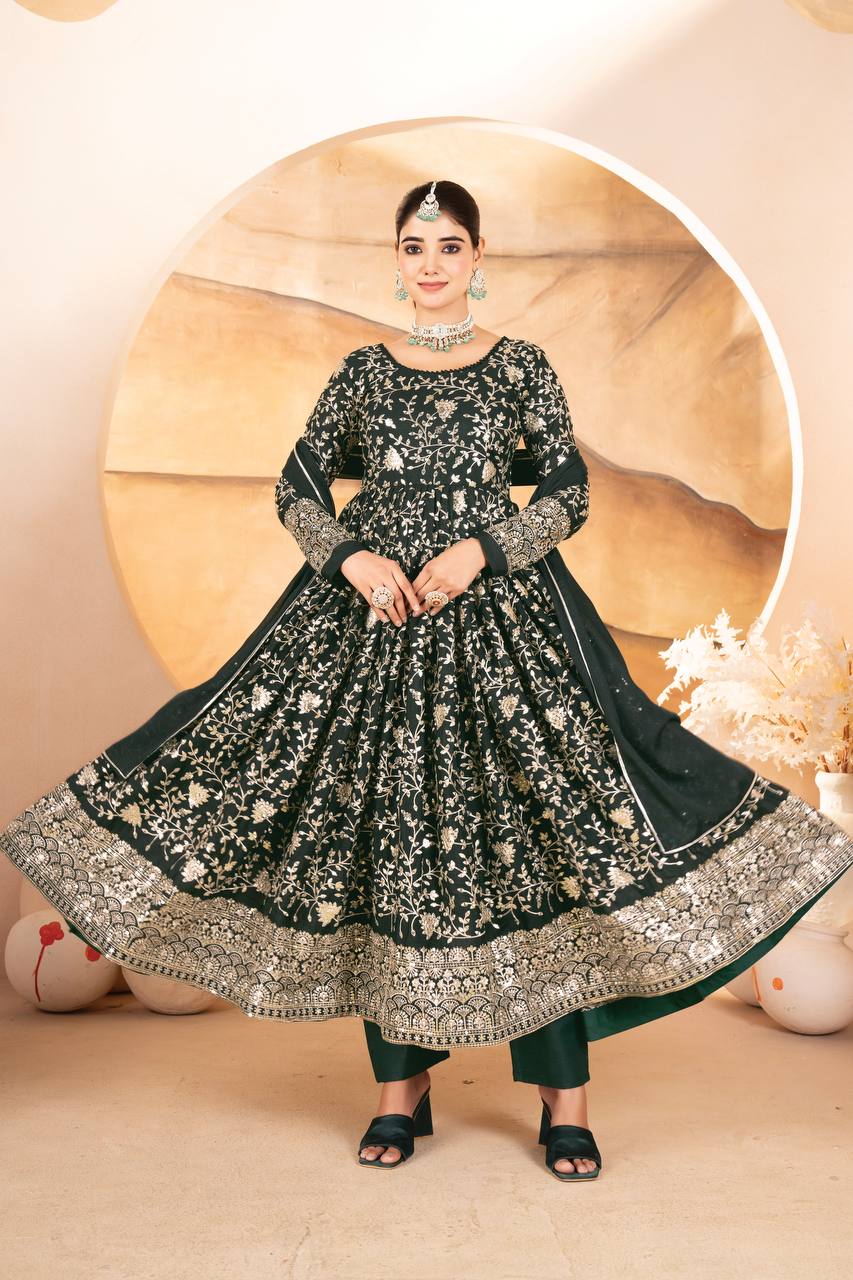 Yash Enterprise Dark Green Star Georgette Embroidered Suit Set