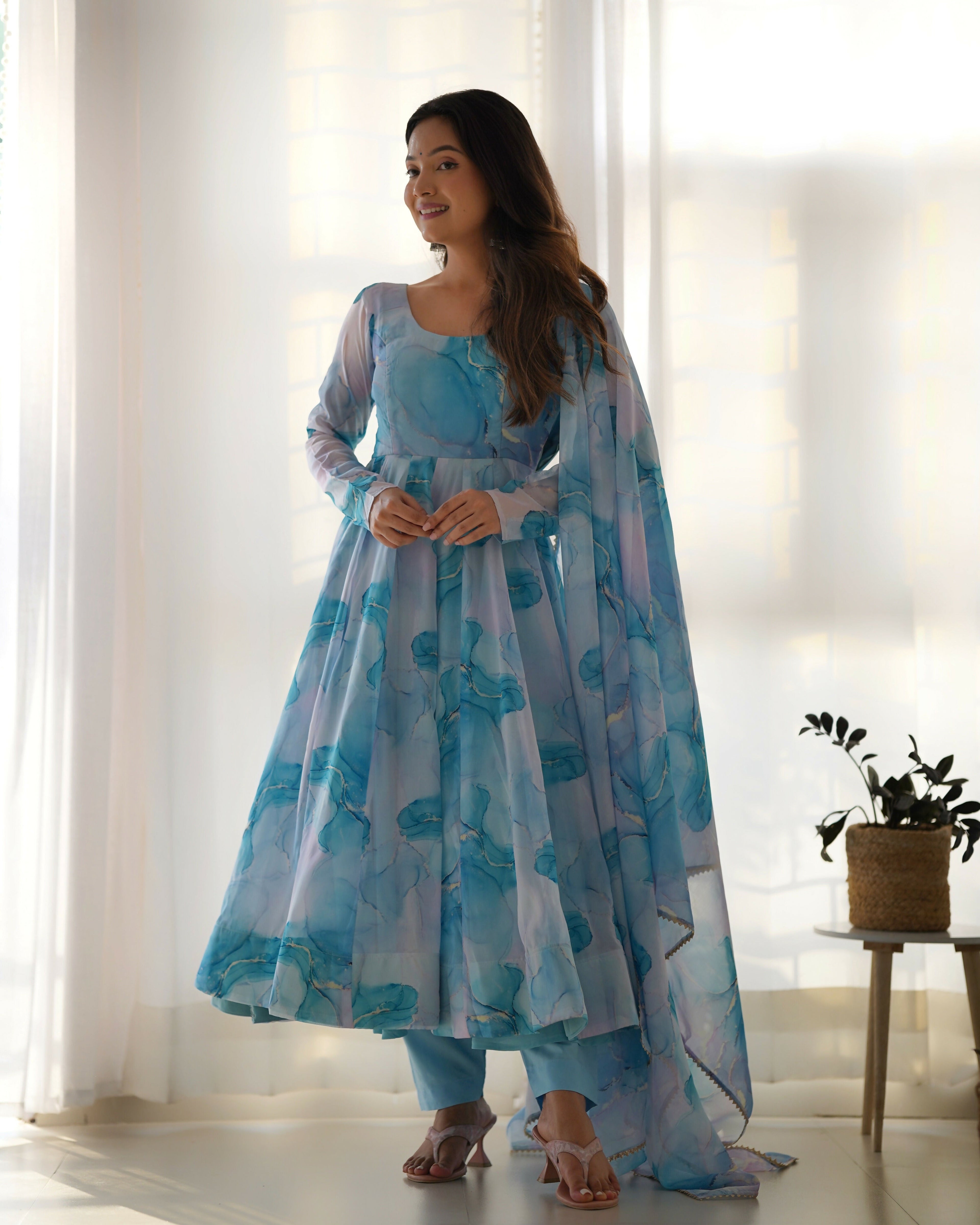Joban Fashion Sky Kurta Set Organza Sequin Embroidery Work