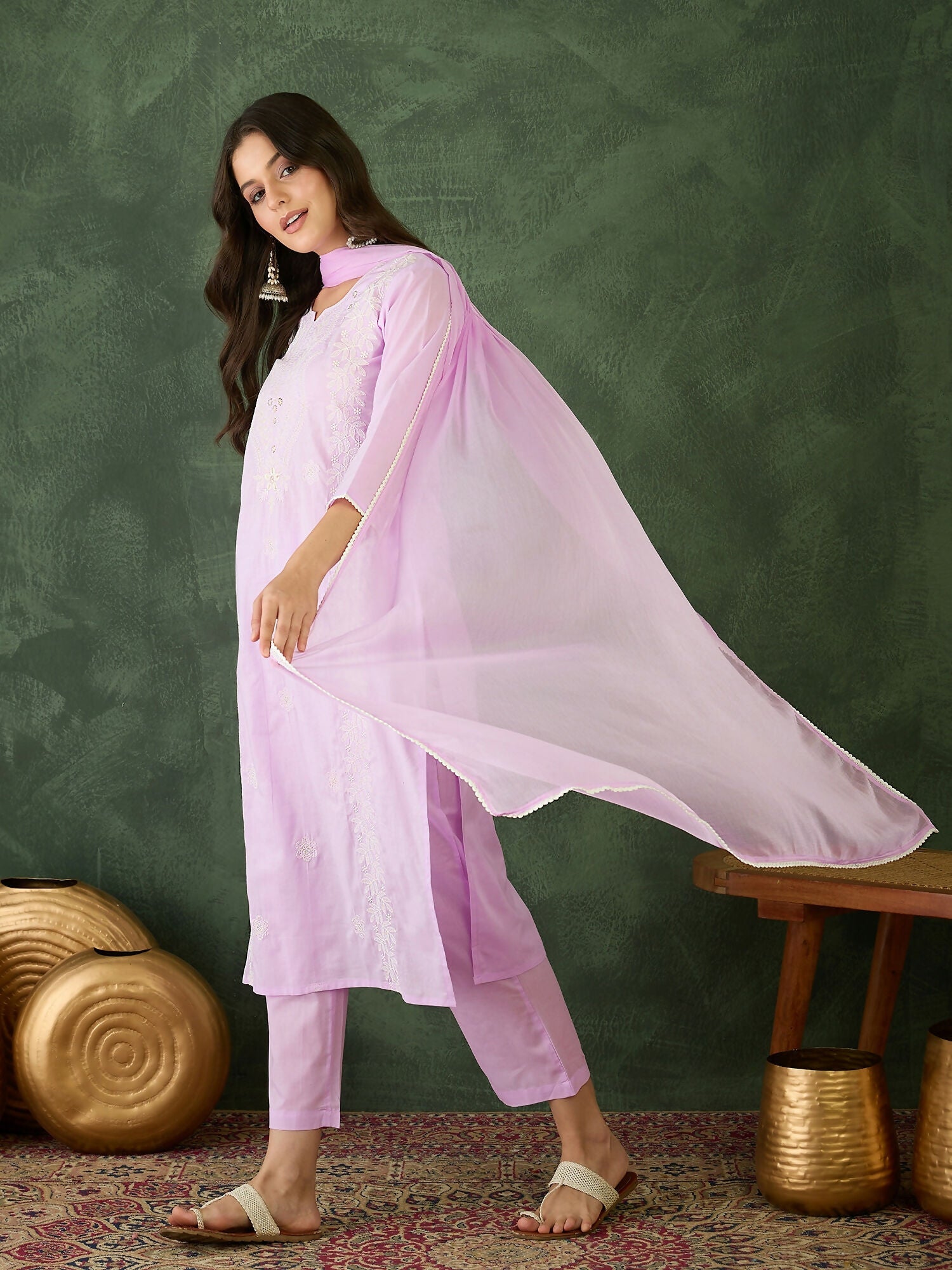 The52 Purple Women's Gorgeous Cotton Blend Fabric Thread Work Straight Kurta, Pant and Dupatta Set