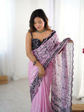 Pink Chinon Designer Digital Printed,Mirror Cut Work Saree - Sohni
