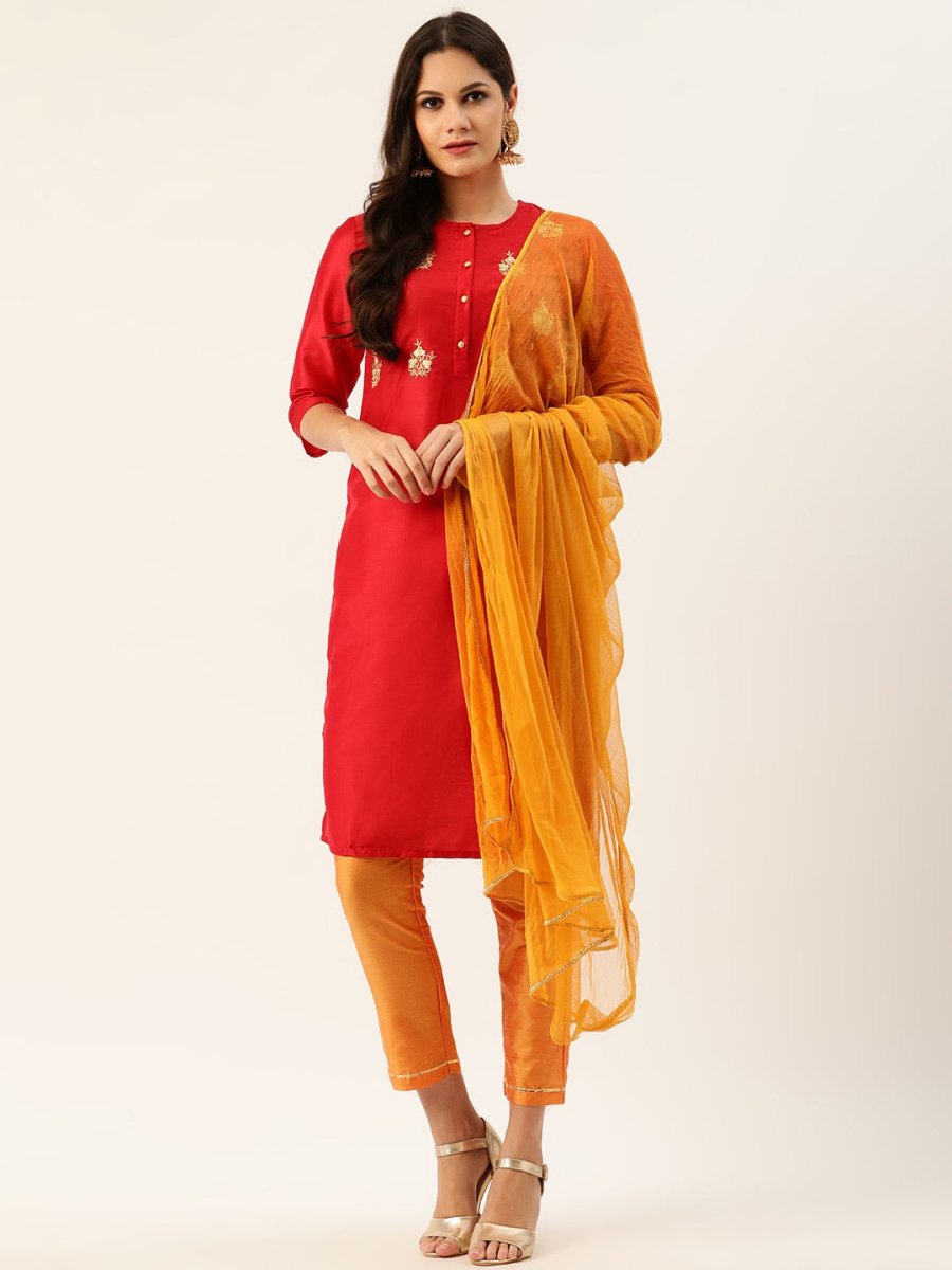 All About You Women Red & Orange Embroidered Yoke Design Kurta set with Dupatta