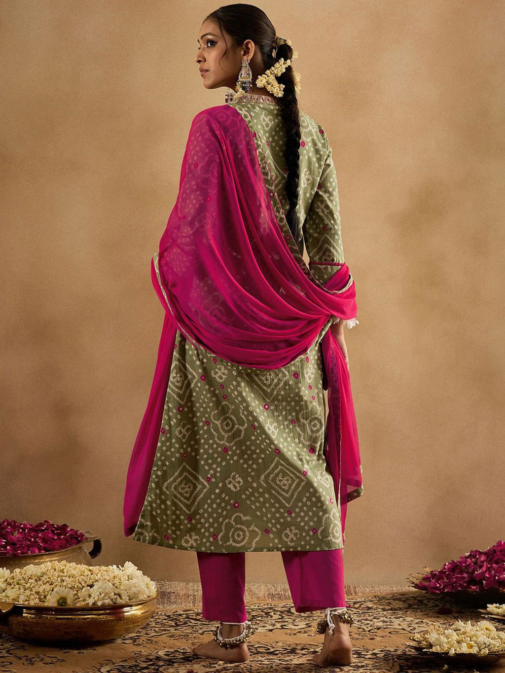Indo Era Bandhani Printed Pure Cotton Kurta With Trousers & Dupatta