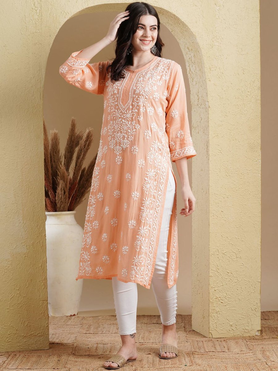 ADA Ethnic Motifs Embroidered Lucknowi Chikankari Detailed Modal Cotton Straight Kurta