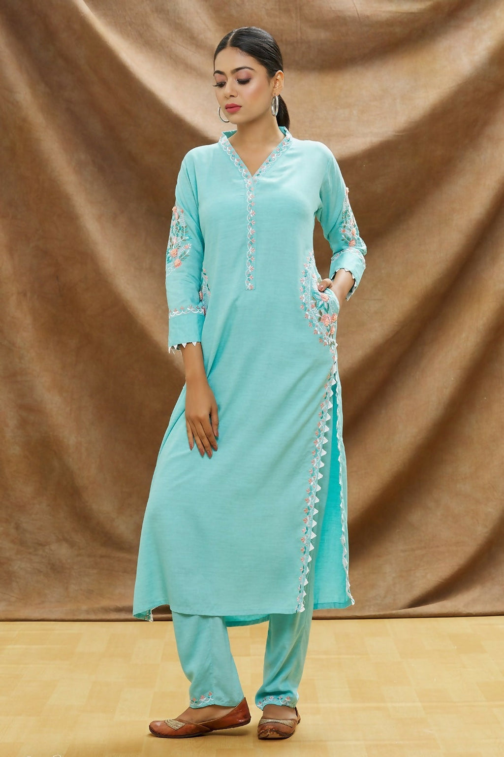 Joban Fashion Muslin Cotton Firozi Color Kurta Set
