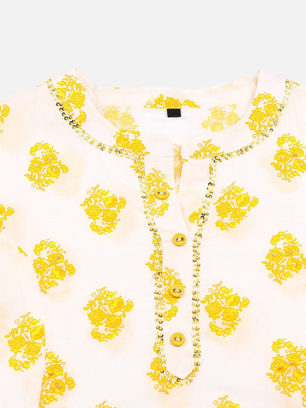 HERE&NOW White & Yellow Floral Printed Sequined Pure Cotton Kurta