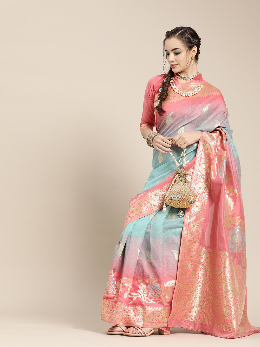 Saree Mall Pink & Blue Floral Dyed Banarasi Saree