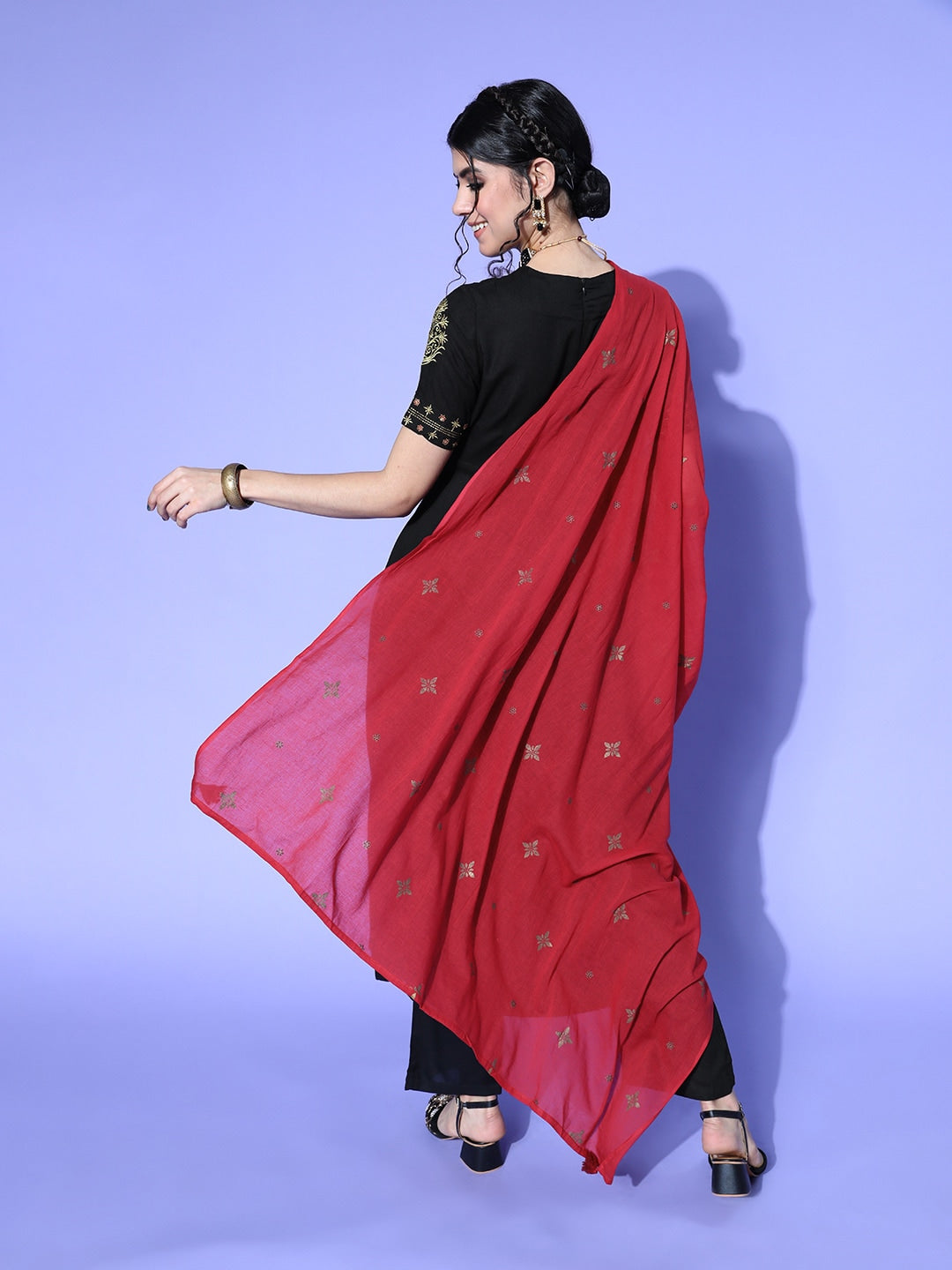 HERE&NOW Women Black & Red Embroidered Kurta Set